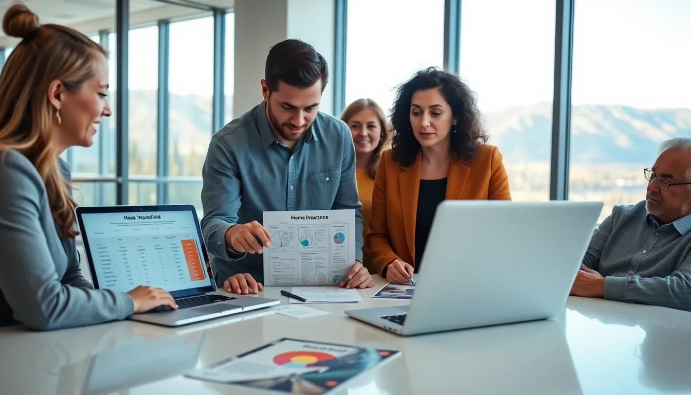 group discussing home insurance options in a bright office setting.