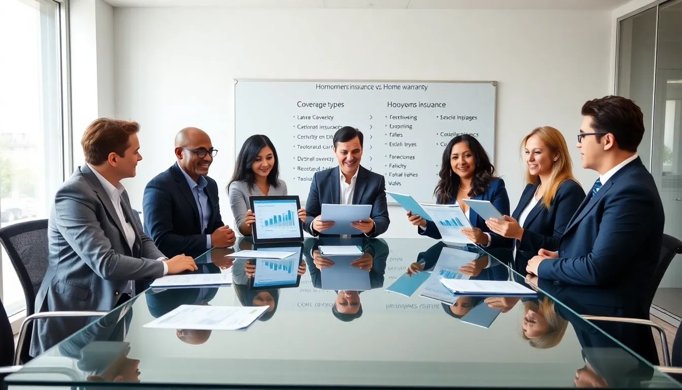 diverse team discussing homeowners insurance in a modern office.