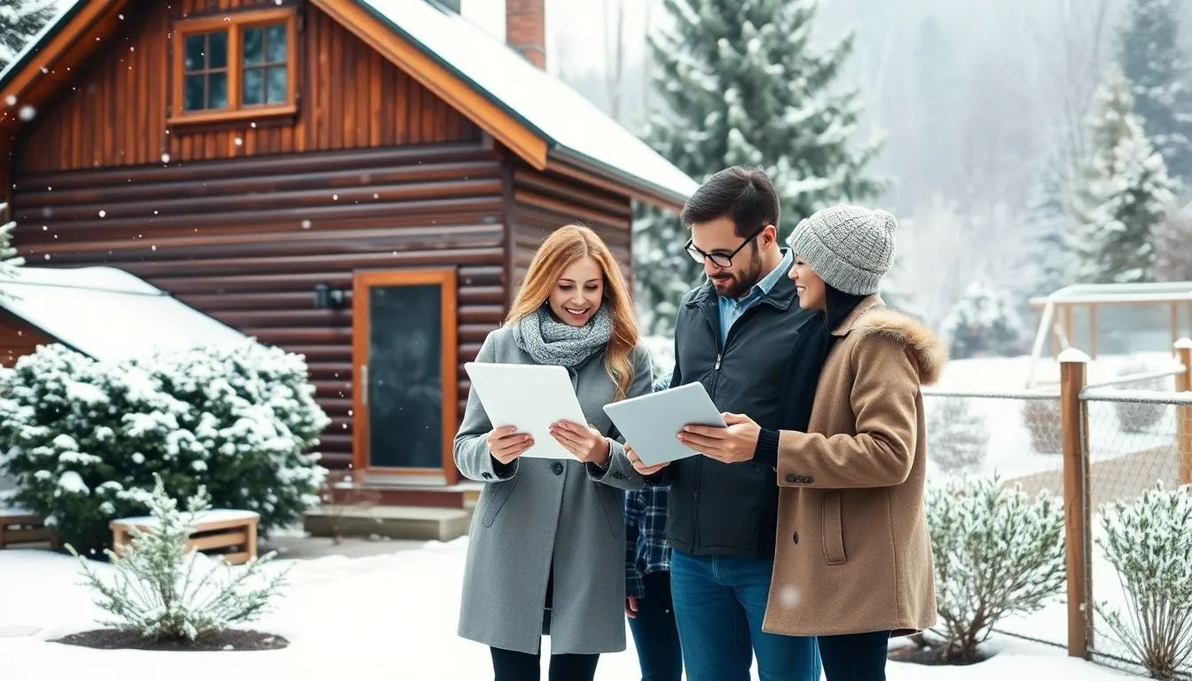 family reviewing home insurance in a snow-covered Vermont setting.