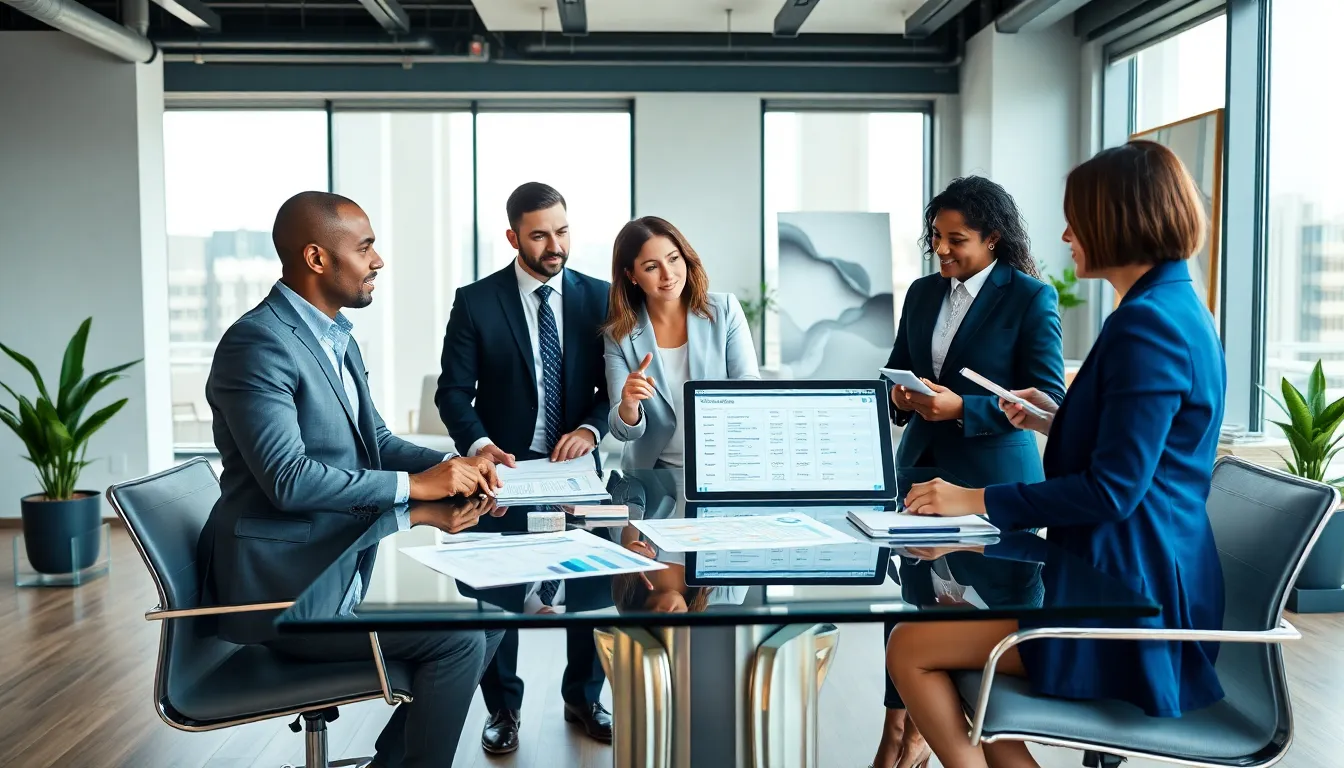 team discussing home insurance for investment properties in a modern office.