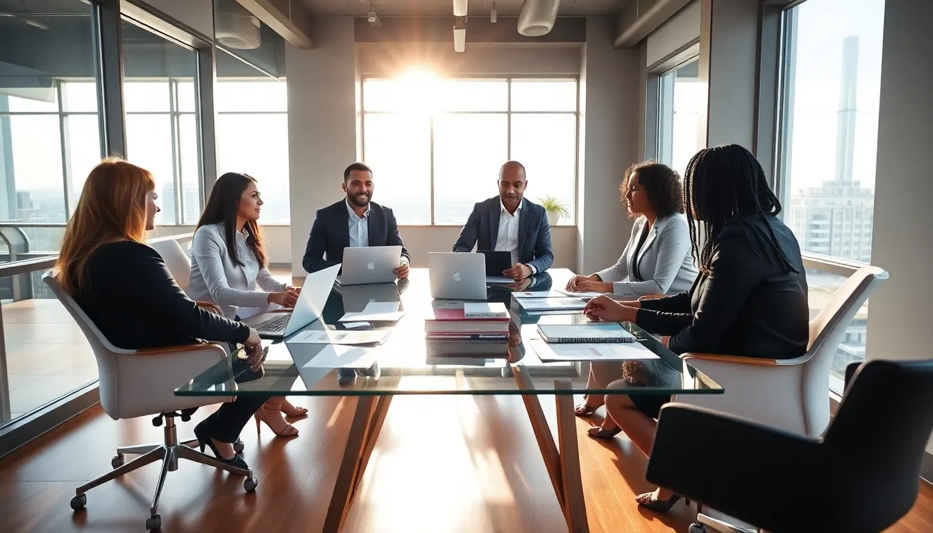 diverse team discussing investment property mortgages in a modern office.